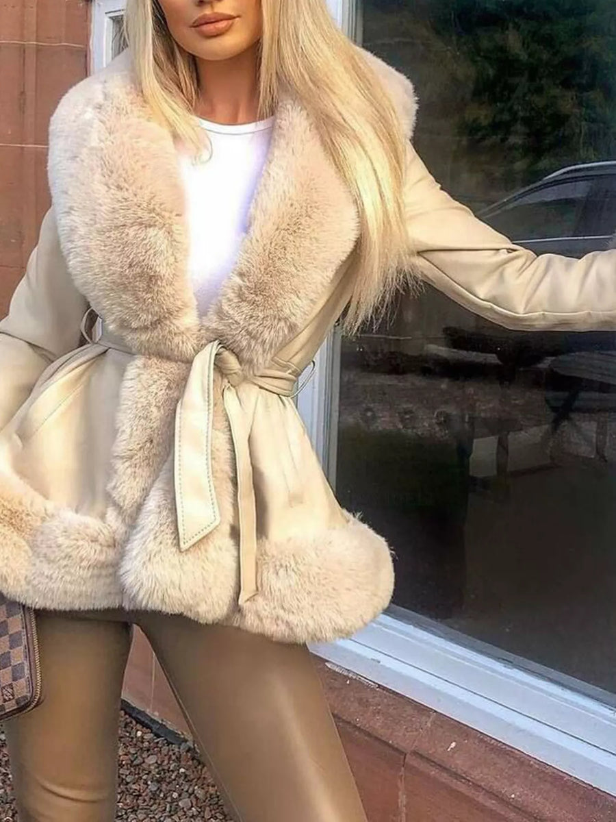 Beige faux fur belted jacket with textured faux leather and fur trim.