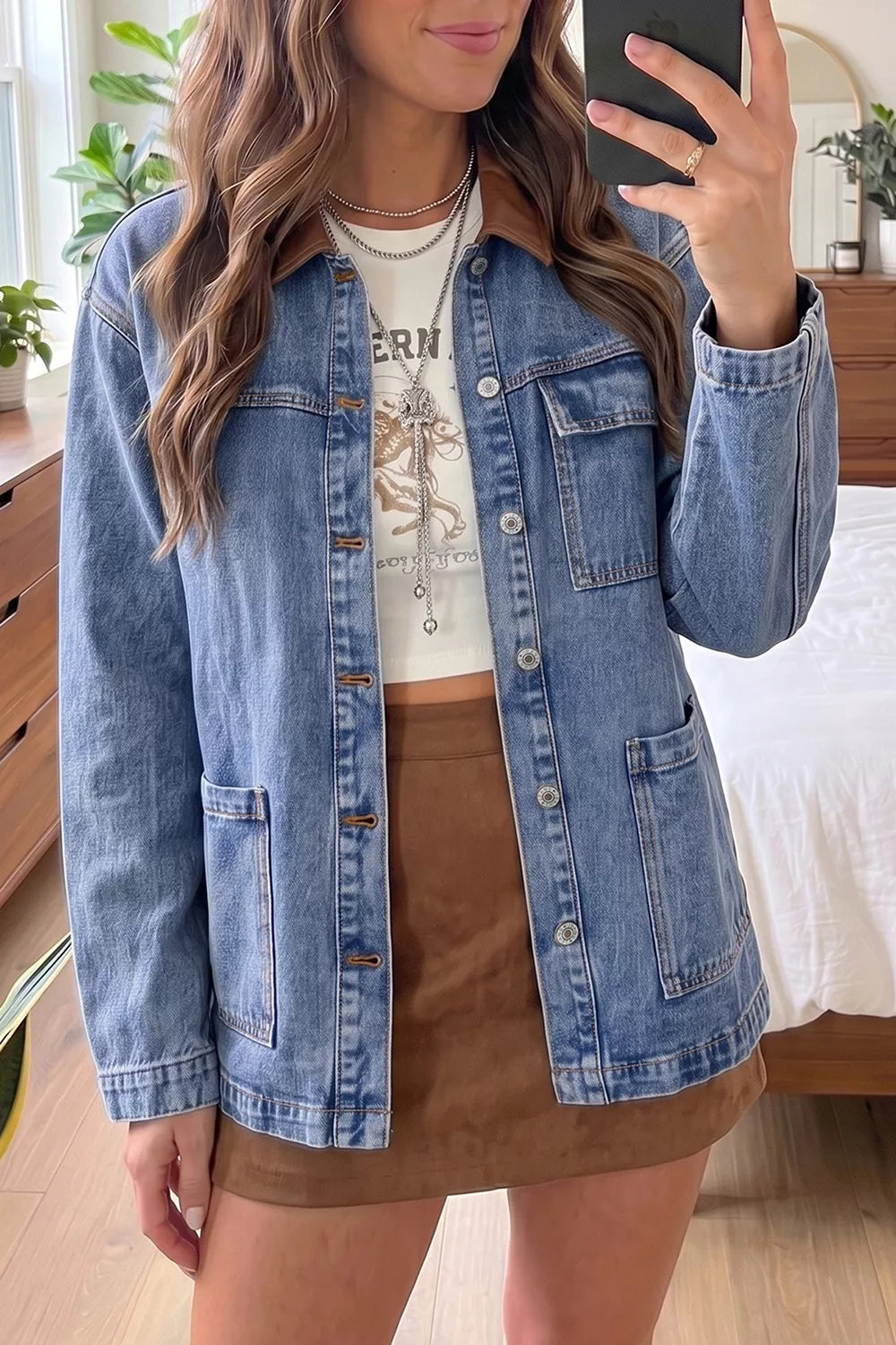 Dusty Blue Patchwork Leather Collar Denim Jacket