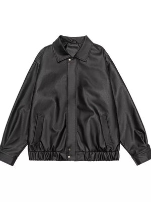 Black faux leather bomber jacket with collared neckline and elasticated hem