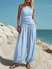 Sky blue one-shoulder top and wide-leg pants set for women, comfortable casual outfit