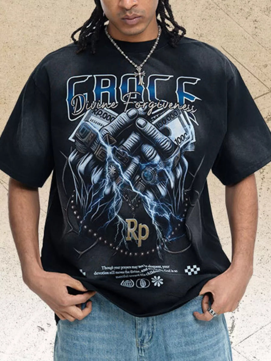 Black graphic t-shirt with lightning and money print, crew neck, short sleeves.