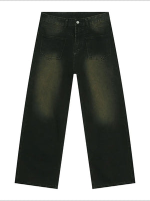 Dark wash wide leg jeans with distressed details and cotton composition.