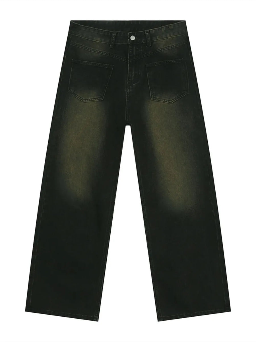 Dark wash wide leg jeans with distressed details and cotton composition.