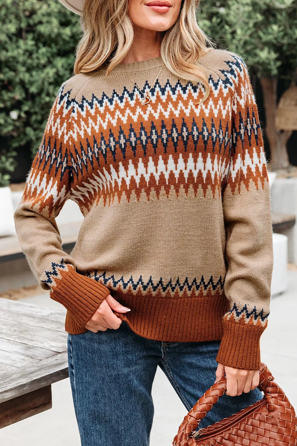 camel pullover sweater with geometric and crew neck
