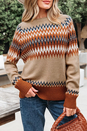 camel pullover sweater with geometric and crew neck