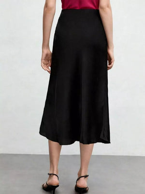 Black A-line midi skirt with a high waist and subtle side slit.