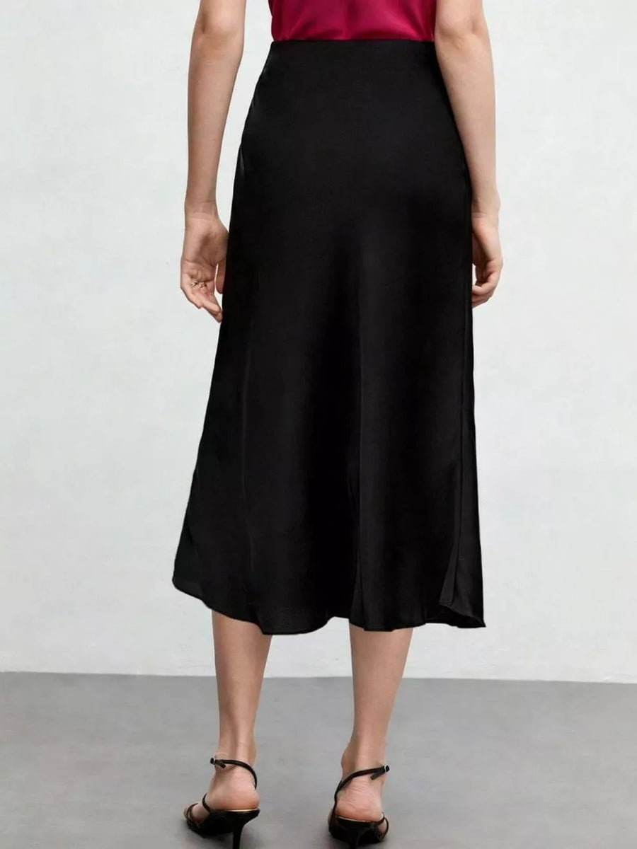 Black A-line midi skirt with a high waist and subtle side slit.