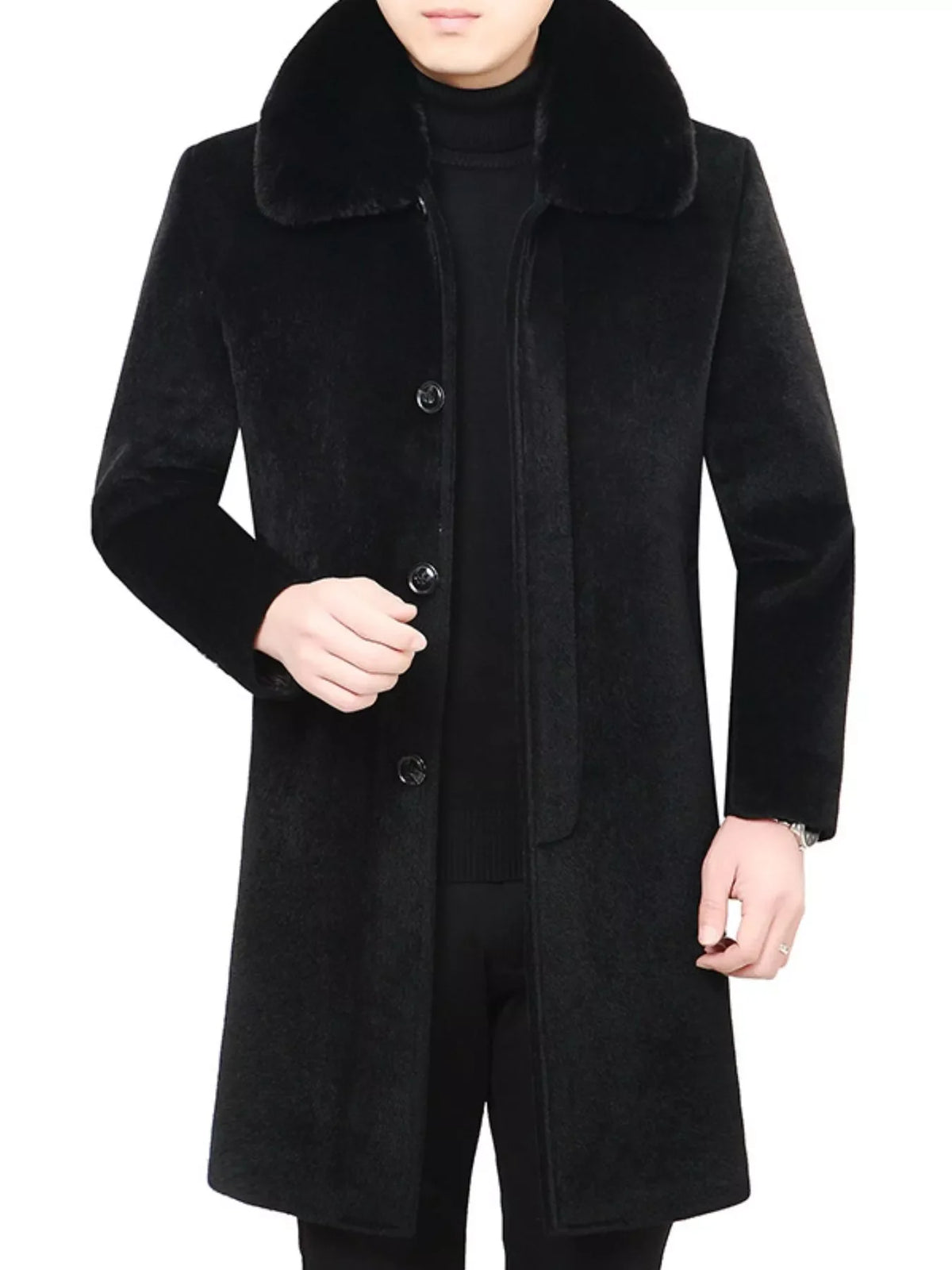 Men's black buttoned overcoat with a luxurious fur collar.