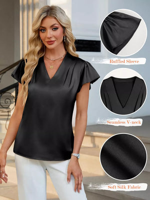 Black satin V-neck blouse with ruffled flutter sleeves and soft fabric.