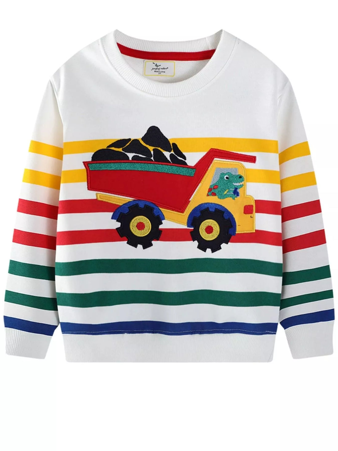 White kids sweatshirt with colorful stripes and a playful truck applique.