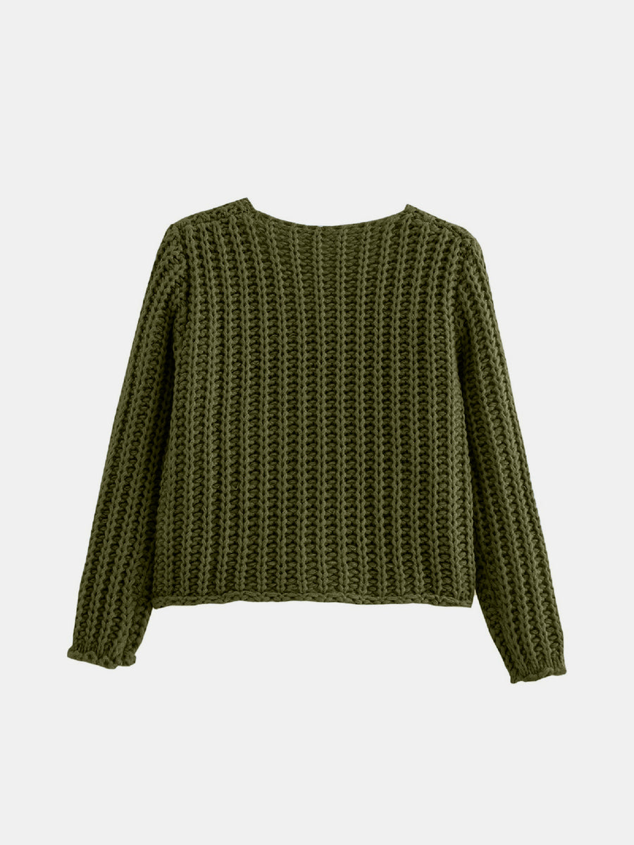 Army green chunky knit cardigan with long sleeves and ribbed cuffs.