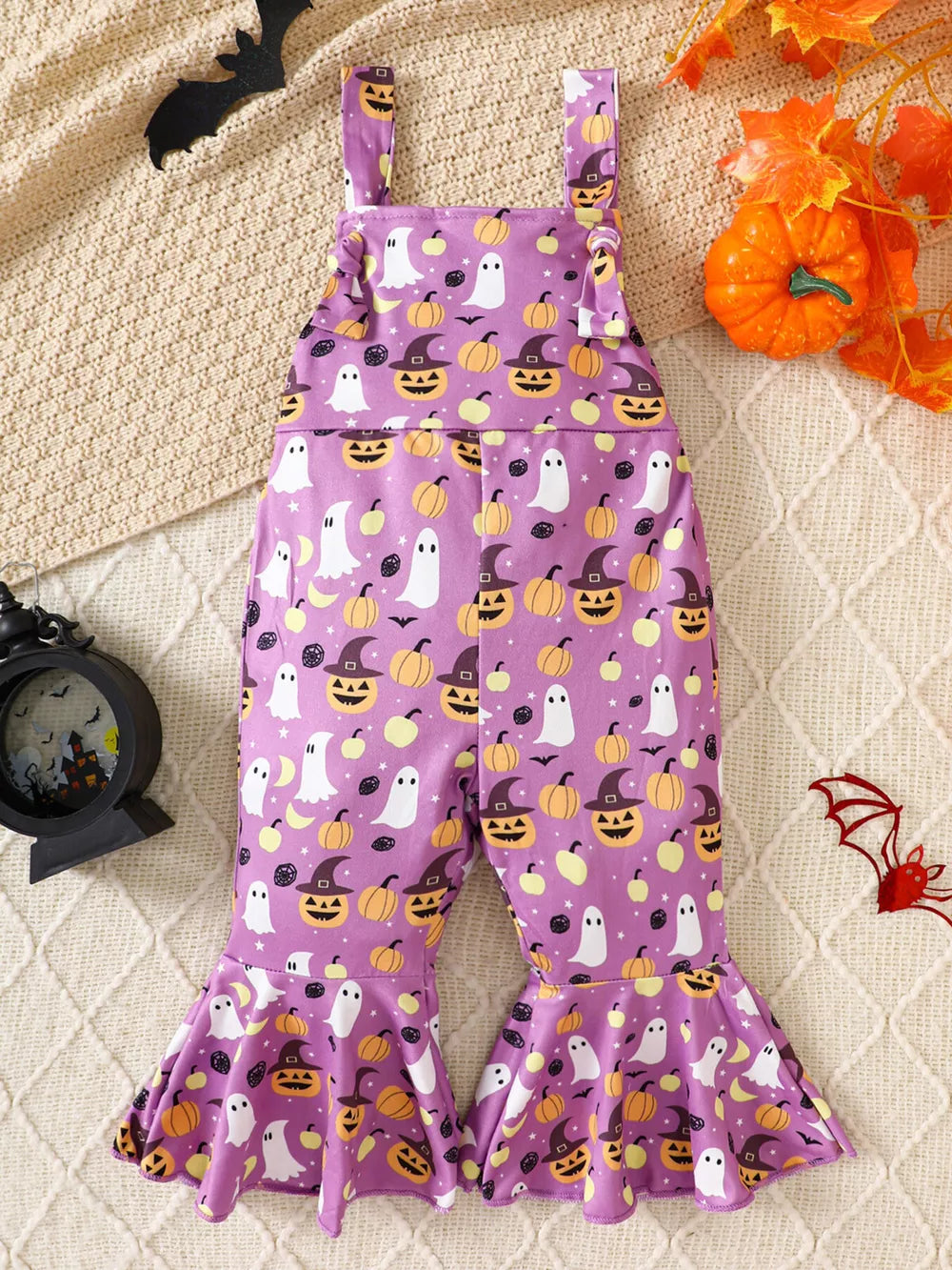 lavender jumpsuit with pumpkin-print and square neck