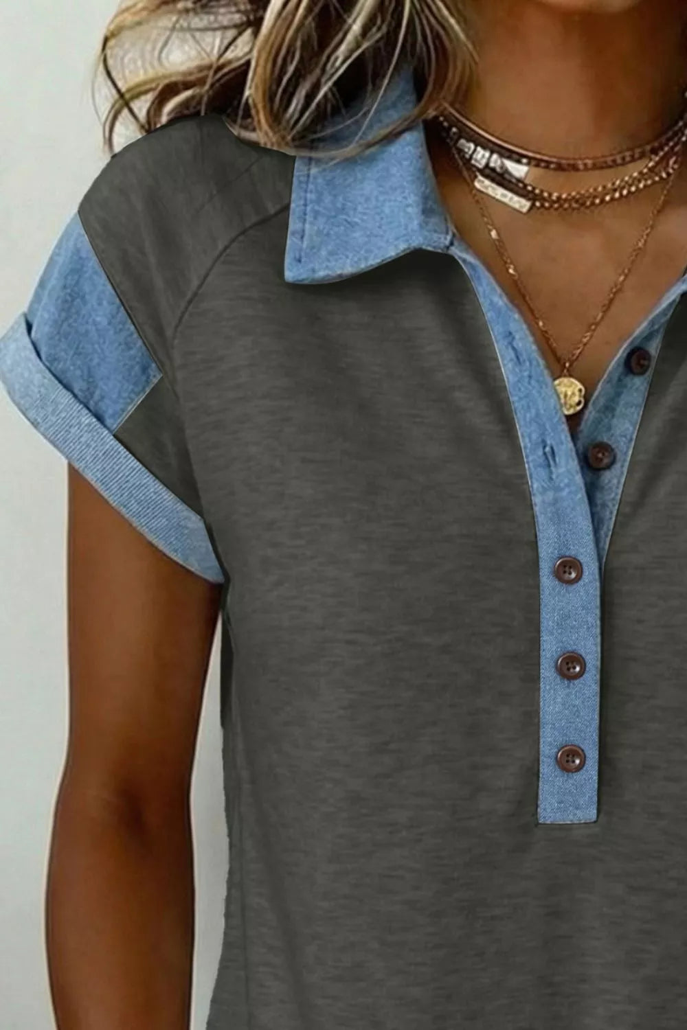 Maternity t-shirt with denim collar and sleeves, button front, cuffed short sleeves.