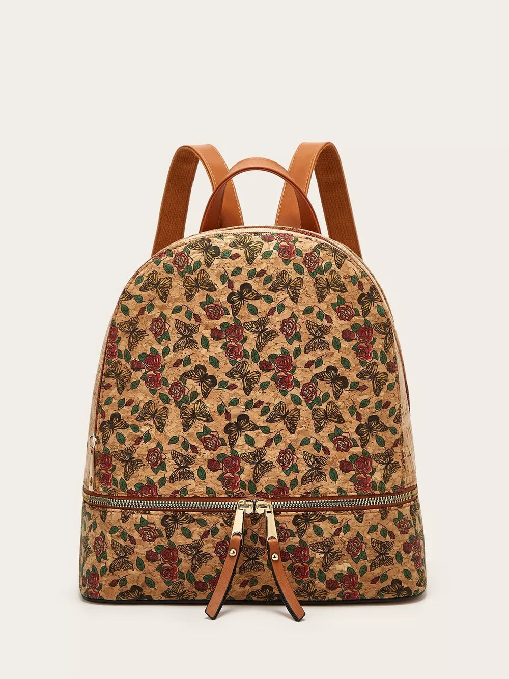 Medium camel backpack with rose and butterfly print, adjustable straps, and dual zippers.