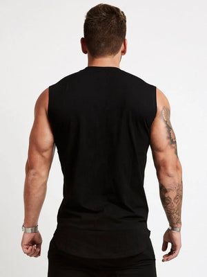 Black graphic muscle tank top with a crew neck and sleeveless design.