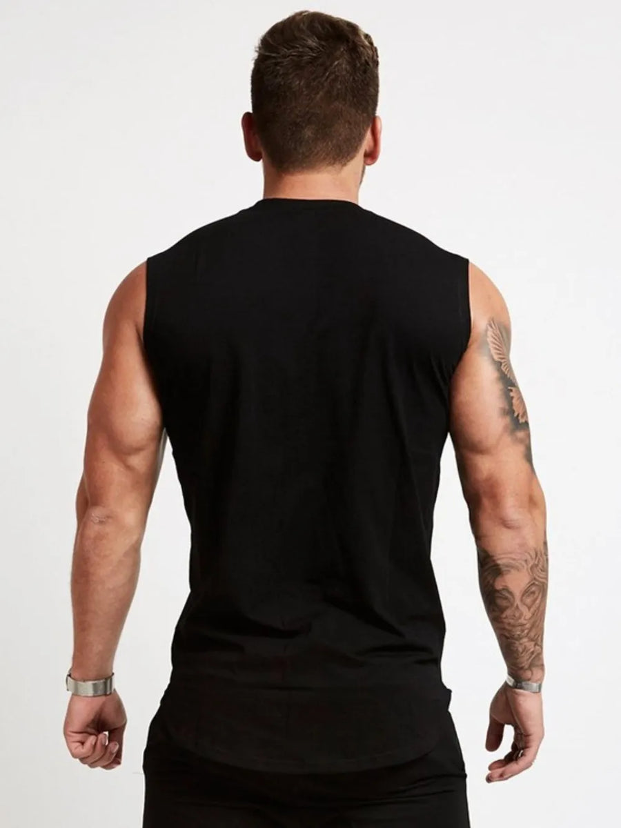 Black graphic muscle tank top with a crew neck and sleeveless design.