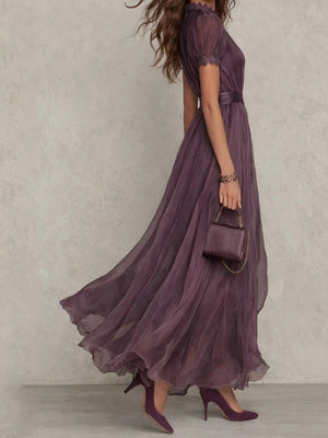 Primary main fabric: Polyester &amp maxi dress in Burgundy with A-line silhouette