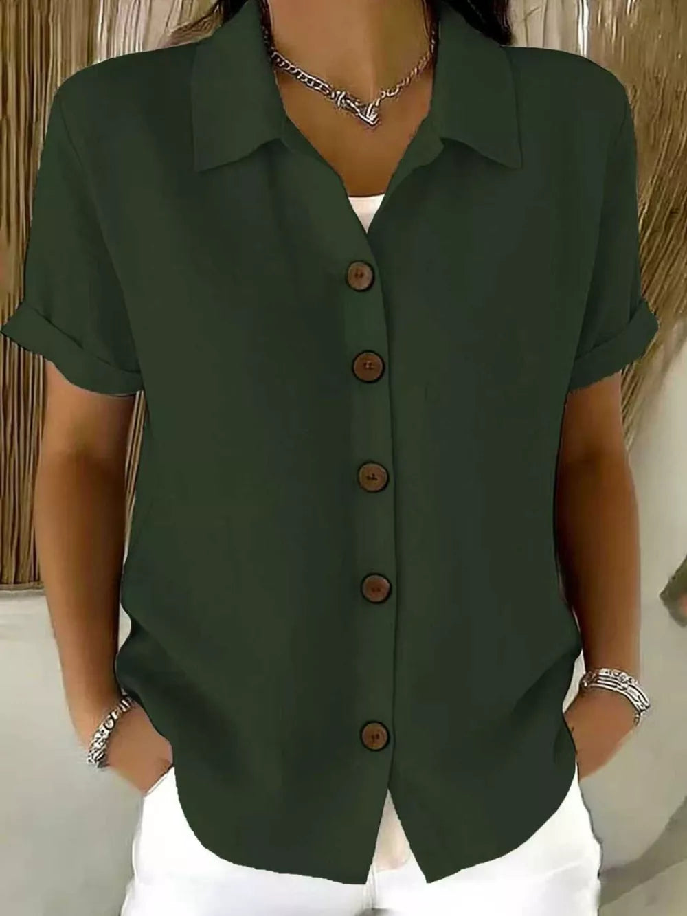 Full Size Button Up Short Sleeve Shirt in Army Green, view 16