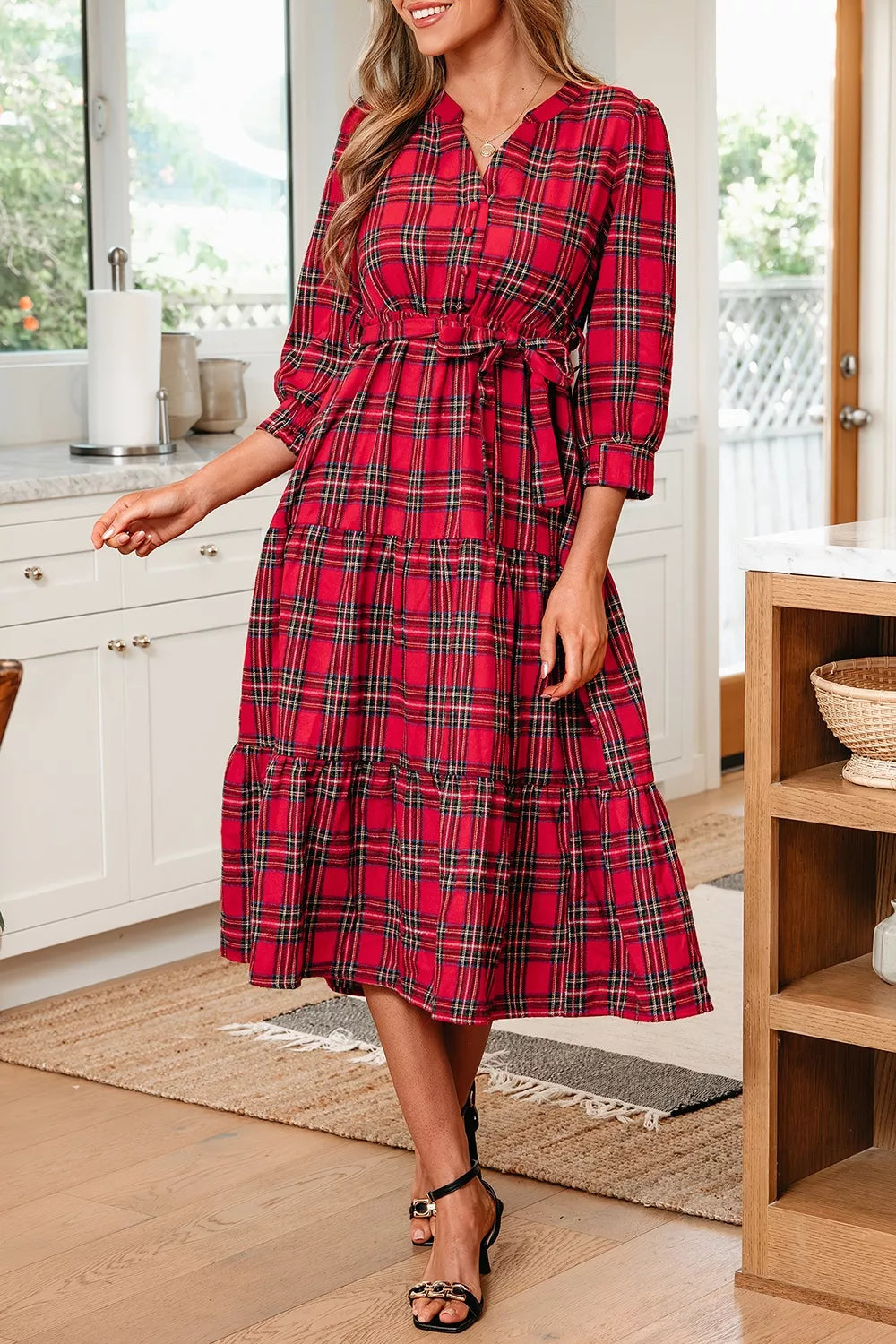 Christmas Plaid V Neck Tie Waist Midi Dress in Deep Red
