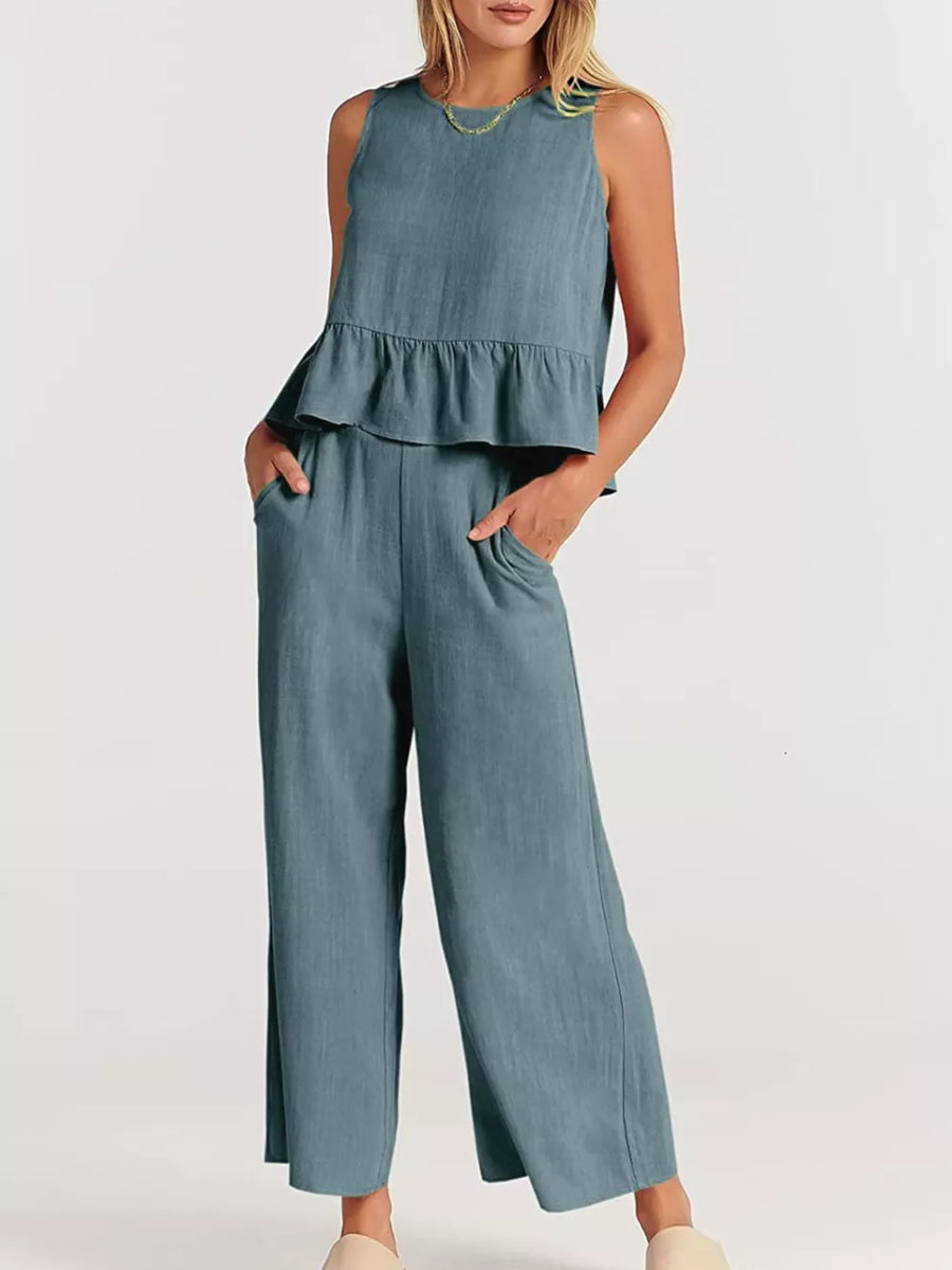 Red Ruffled Hem Sleeveless Top And Wide-leg Pants Set Plus Size