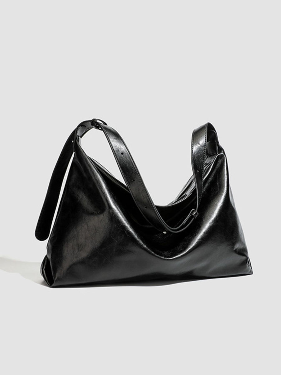 Minimalist Glossy Leather Slouchy Shoulder Bag in black with glossy finish