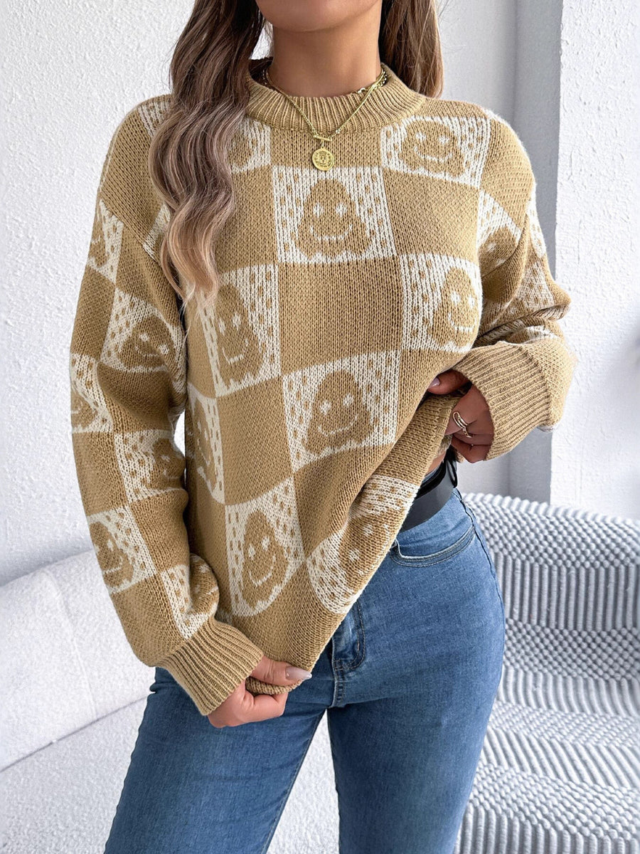 retro pullover sweater in camel with crew neck