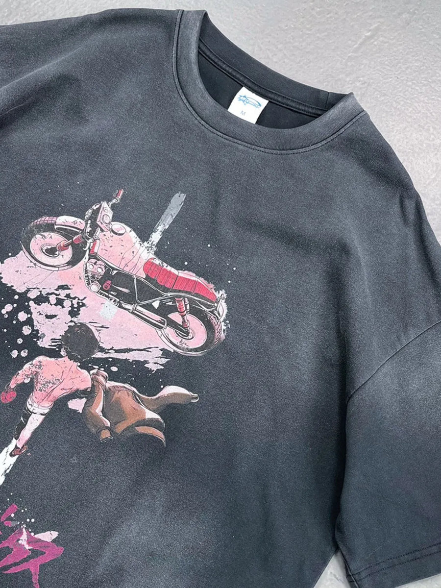 Black oversized washed tee with Akira motorcycle graphic print