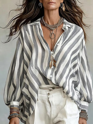 Striped Loose Fit Shirt in Khaki with button cuffs