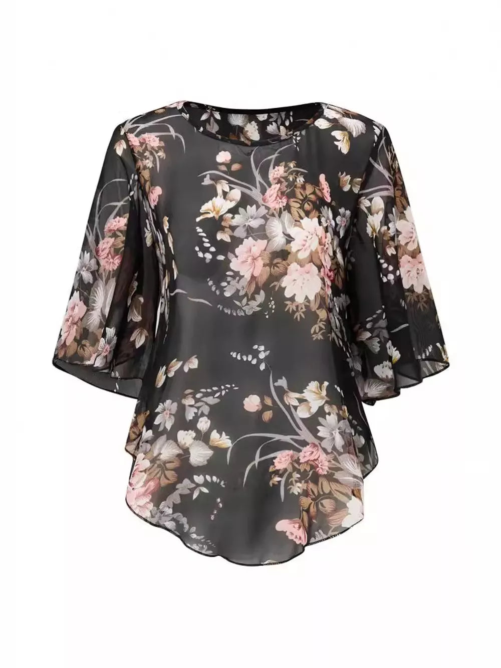 Black Sheer Floral Print Blouse With Flutter Sleeves