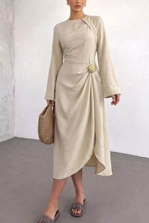 Beige with Ruched Long Sleeve Midi Dress
