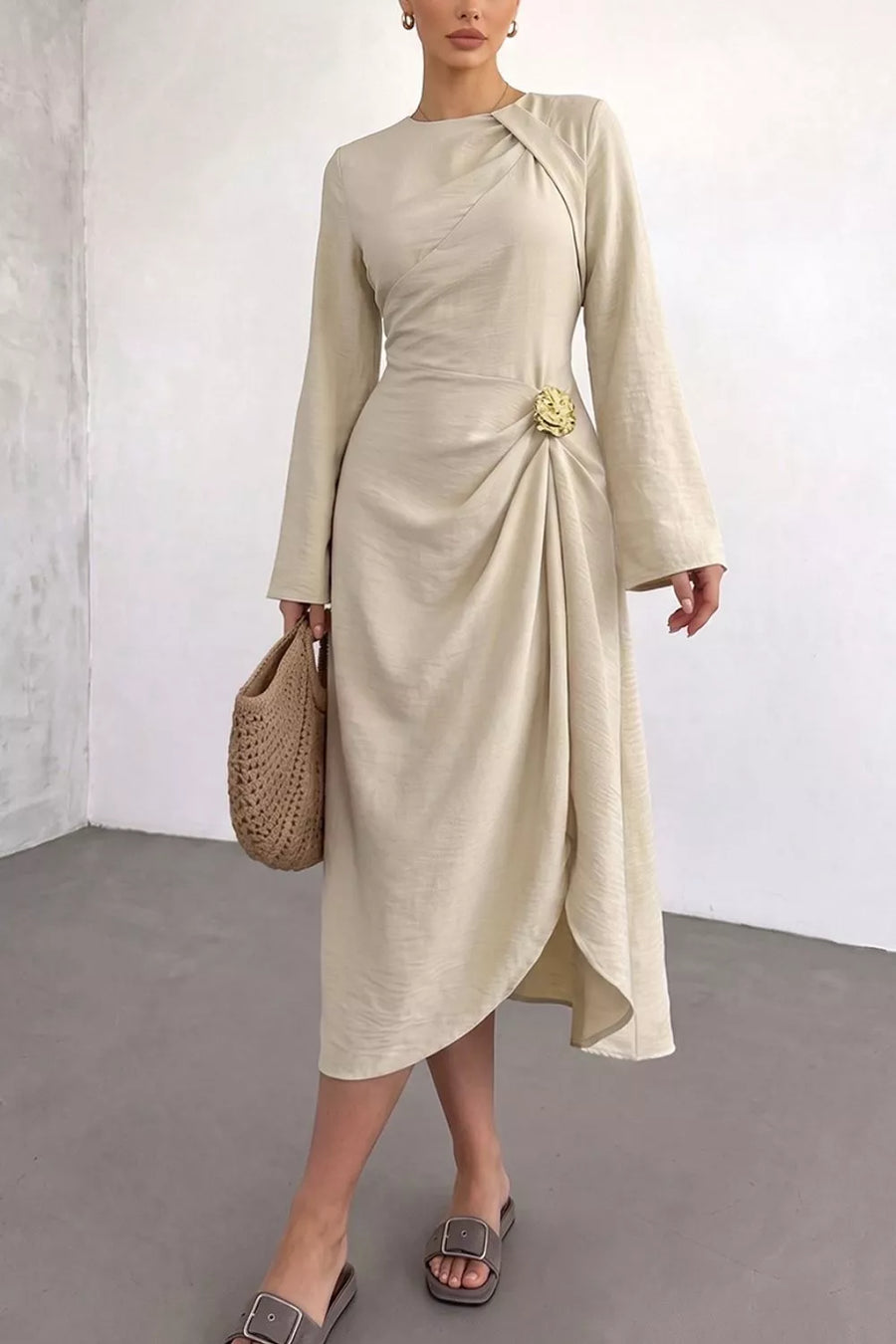 Beige with Ruched Long Sleeve Midi Dress