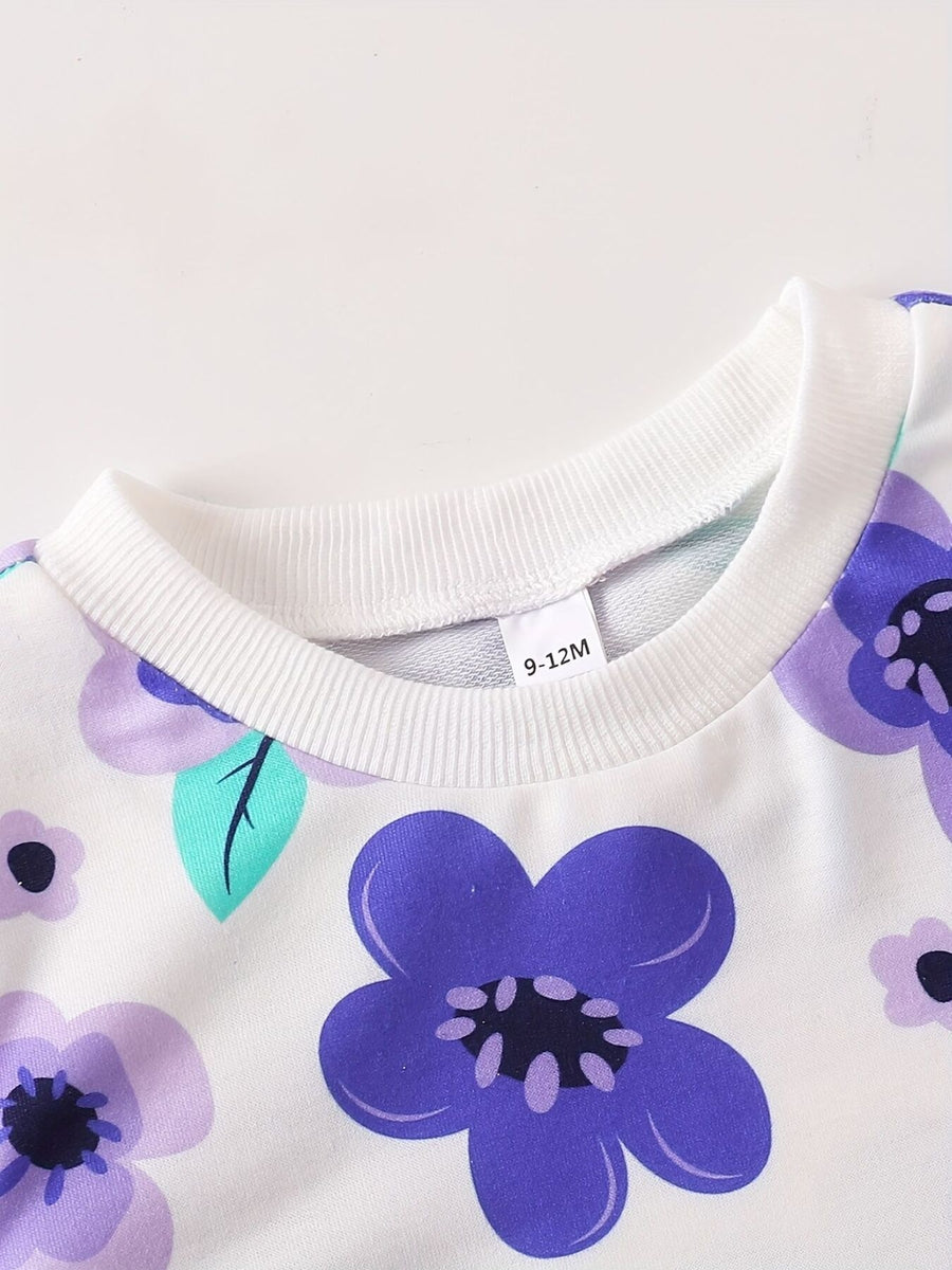 Baby girls' floral print top with crew neck and ribbed trim