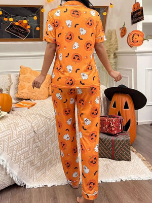 pajama set featuring pumpkin print in orange with 100% polyester Care instructions: Machine wash cold texture