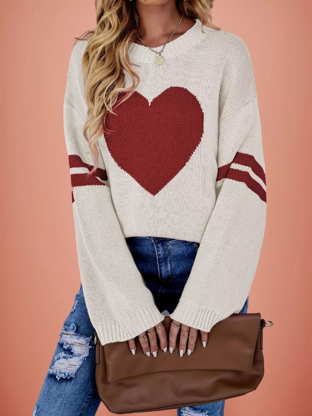light pink relaxed pullover sweater with crew neck