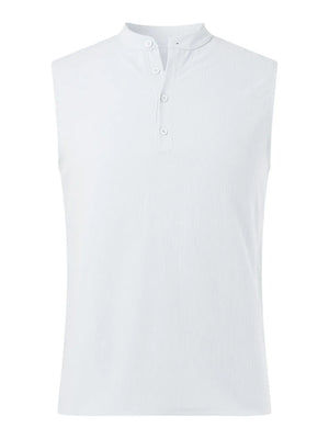 White sleeveless shirt with mandarin collar and button placket