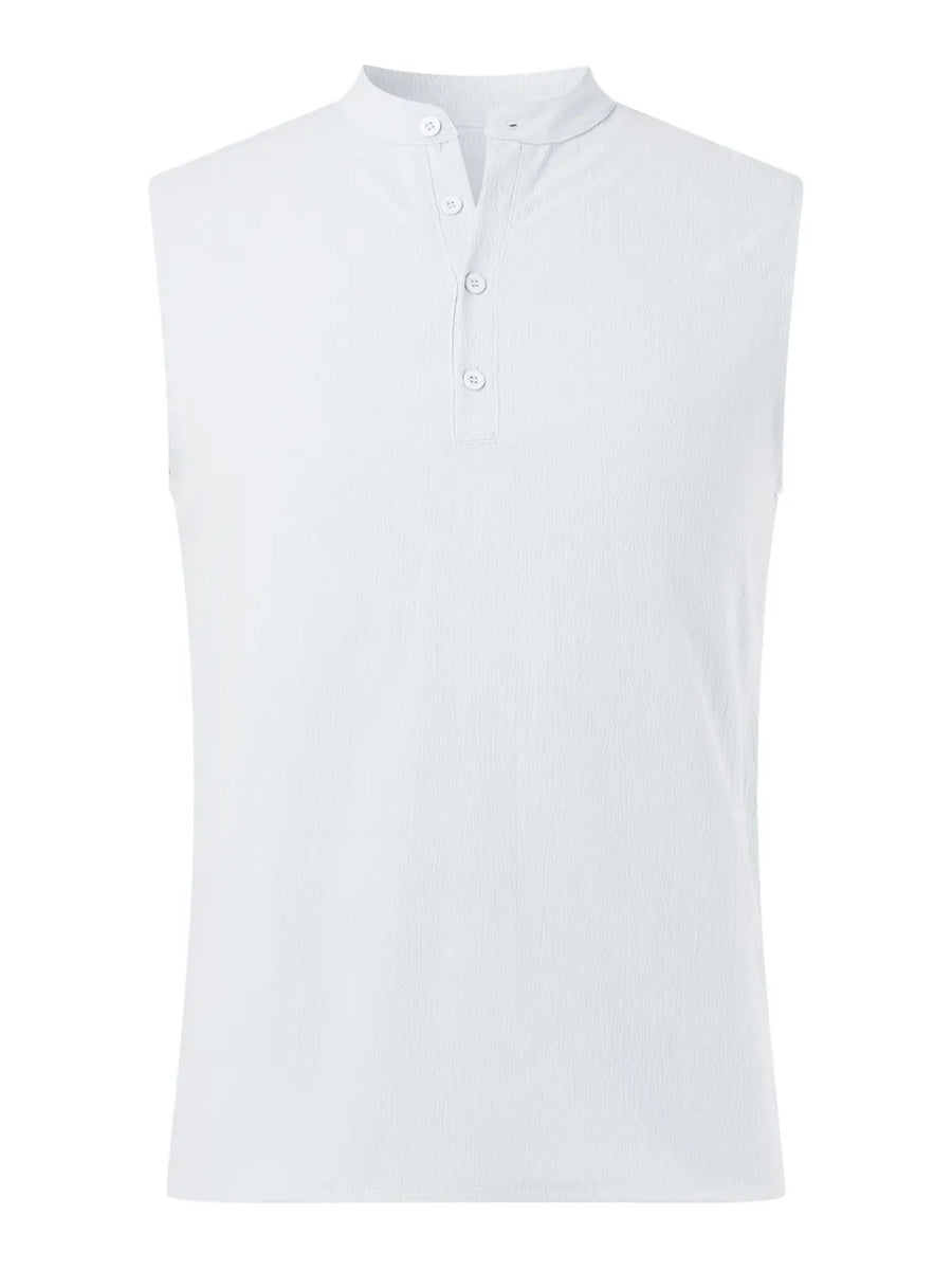 White sleeveless shirt with mandarin collar and button placket