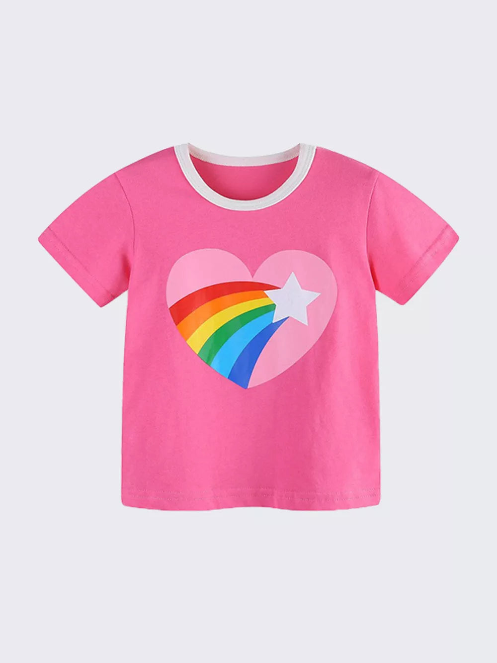 Pink cotton t-shirt with a heart graphic featuring a rainbow and star, contrast trim neckline.