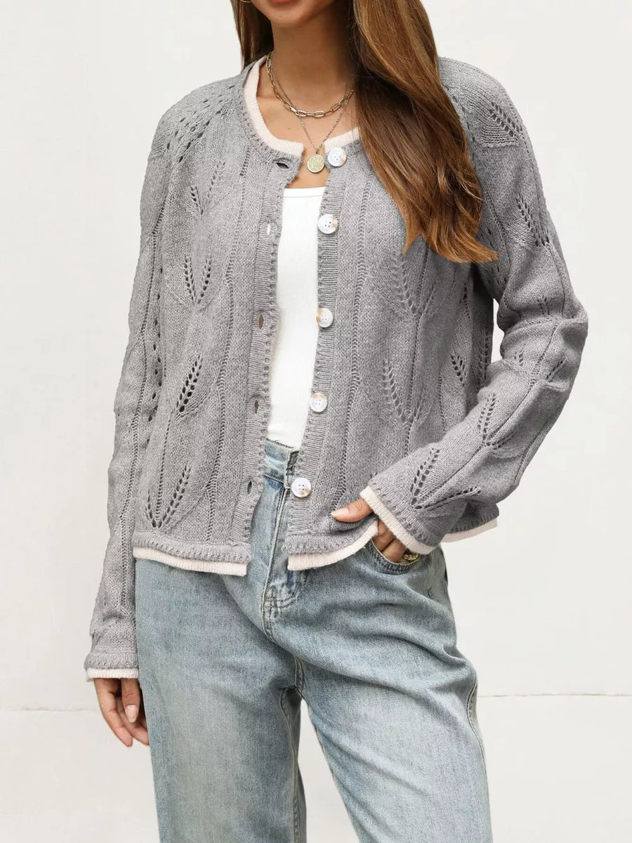 cardigan featuring openwork in Grey with 50% Polyester Hollow Fiber 50% Polyester Care instructions: Machine wash cold