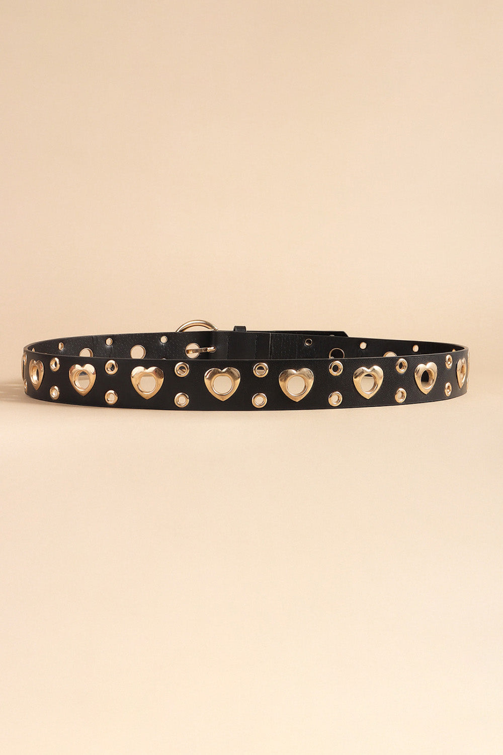 Black leather belt with gold heart cutouts and eyelets, featuring an alloy buckle.
