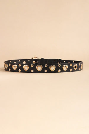 Black leather belt with gold heart cutouts and eyelets, featuring an alloy buckle.