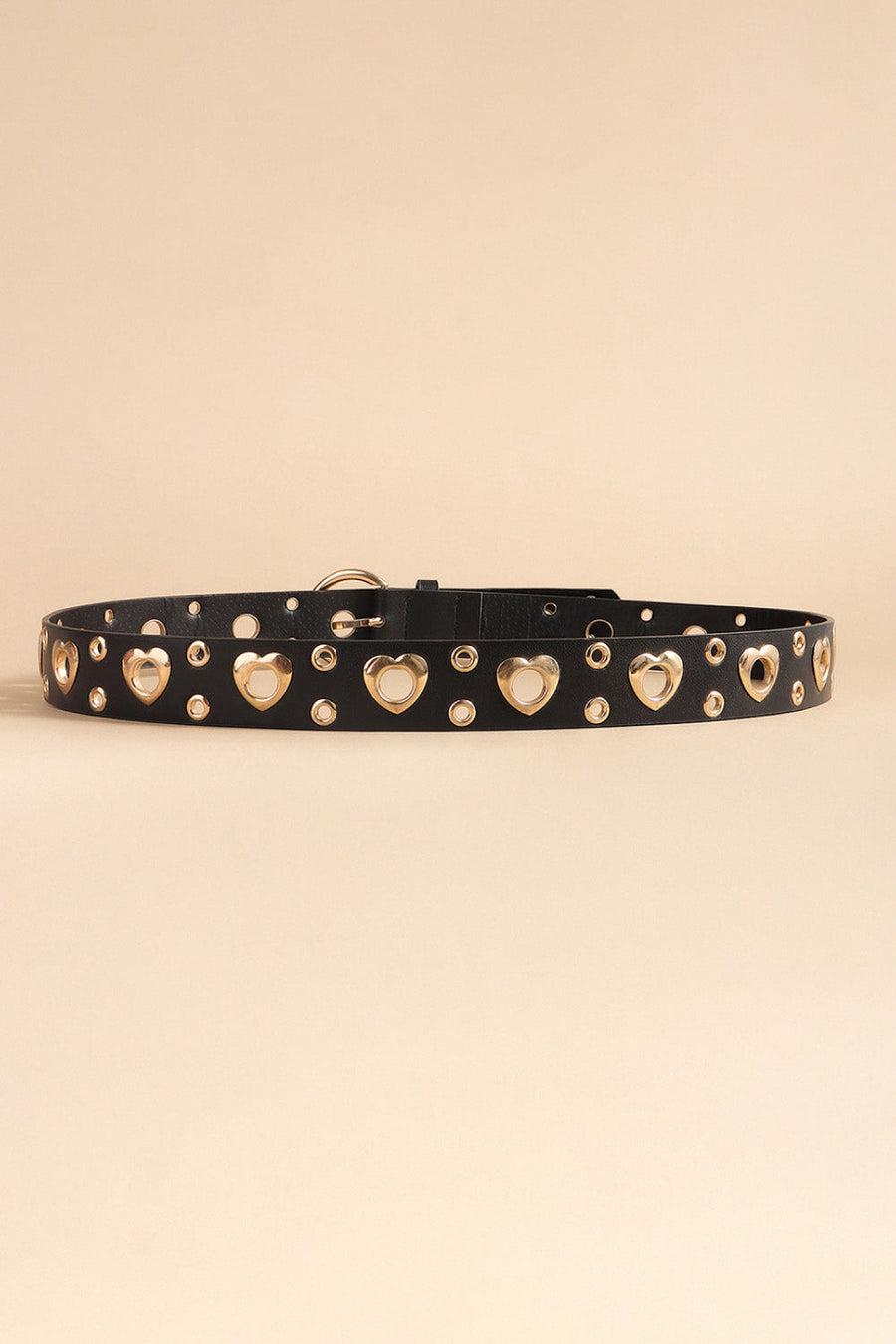 Black leather belt with gold heart cutouts and eyelets, featuring an alloy buckle.
