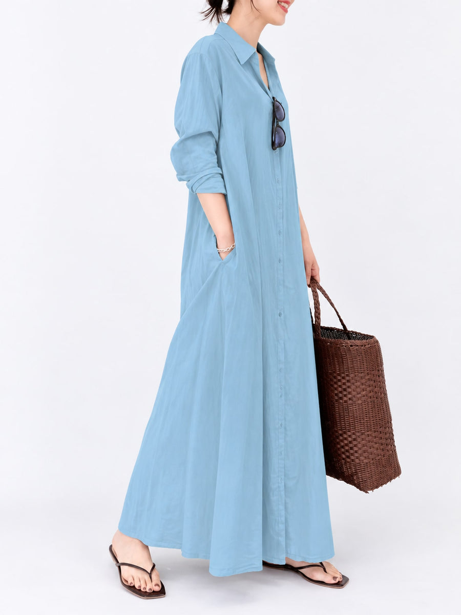 Button Front Long Sleeve Maxi Shirt Dress Plus Size in Black