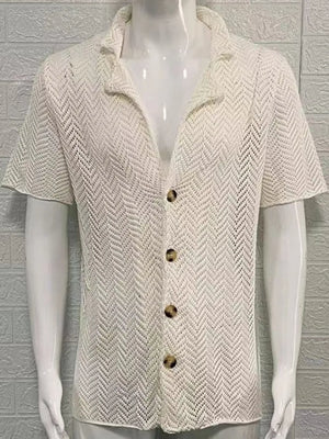 Open-knit herringbone resort shirt in ivory with short sleeves and a button-up front.