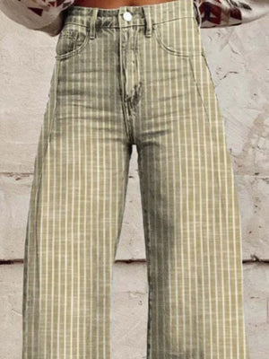 High-waisted wide-leg jeans in green with white vertical stripes and pockets.