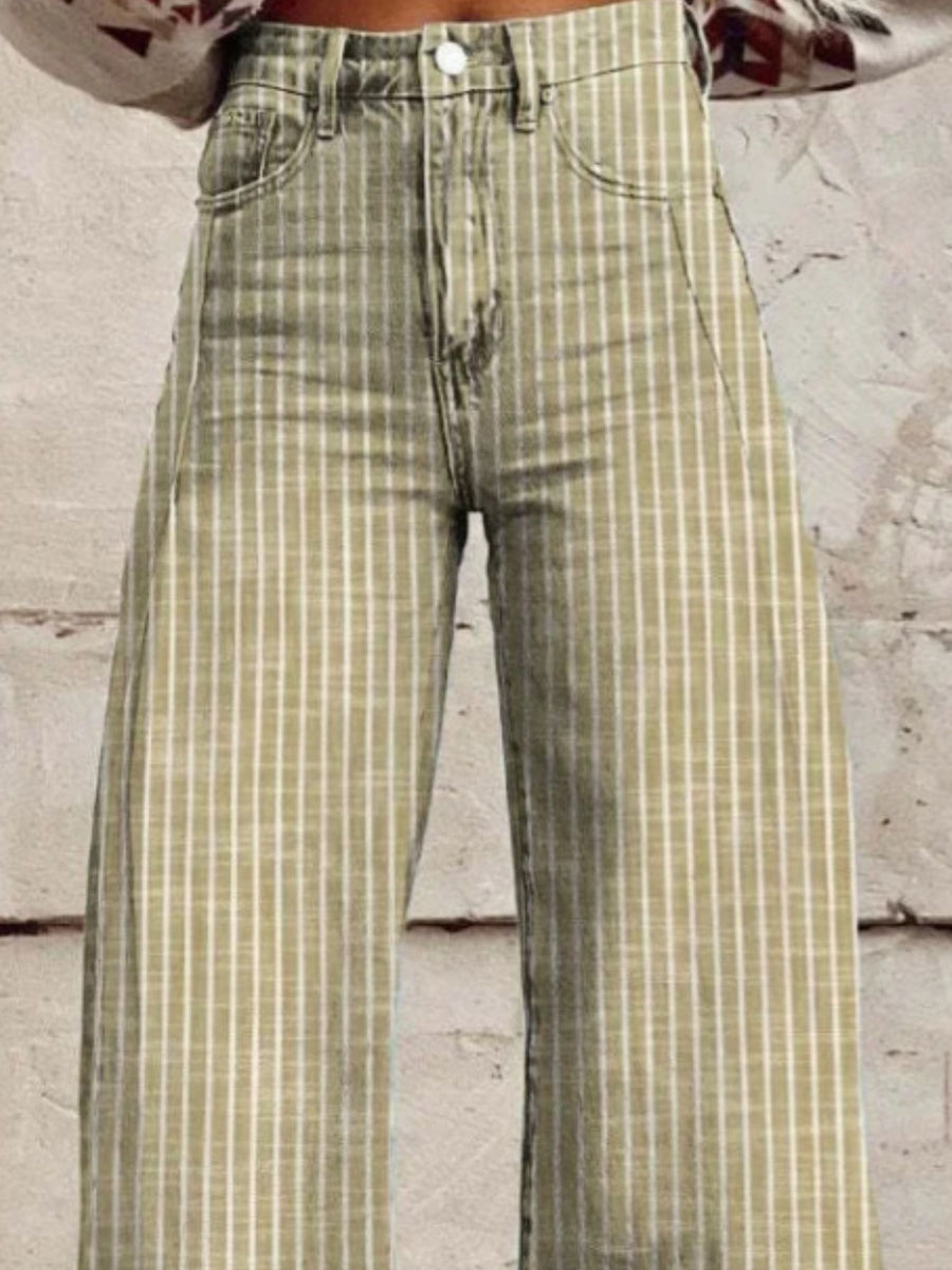 High-waisted wide-leg jeans in green with white vertical stripes and pockets.