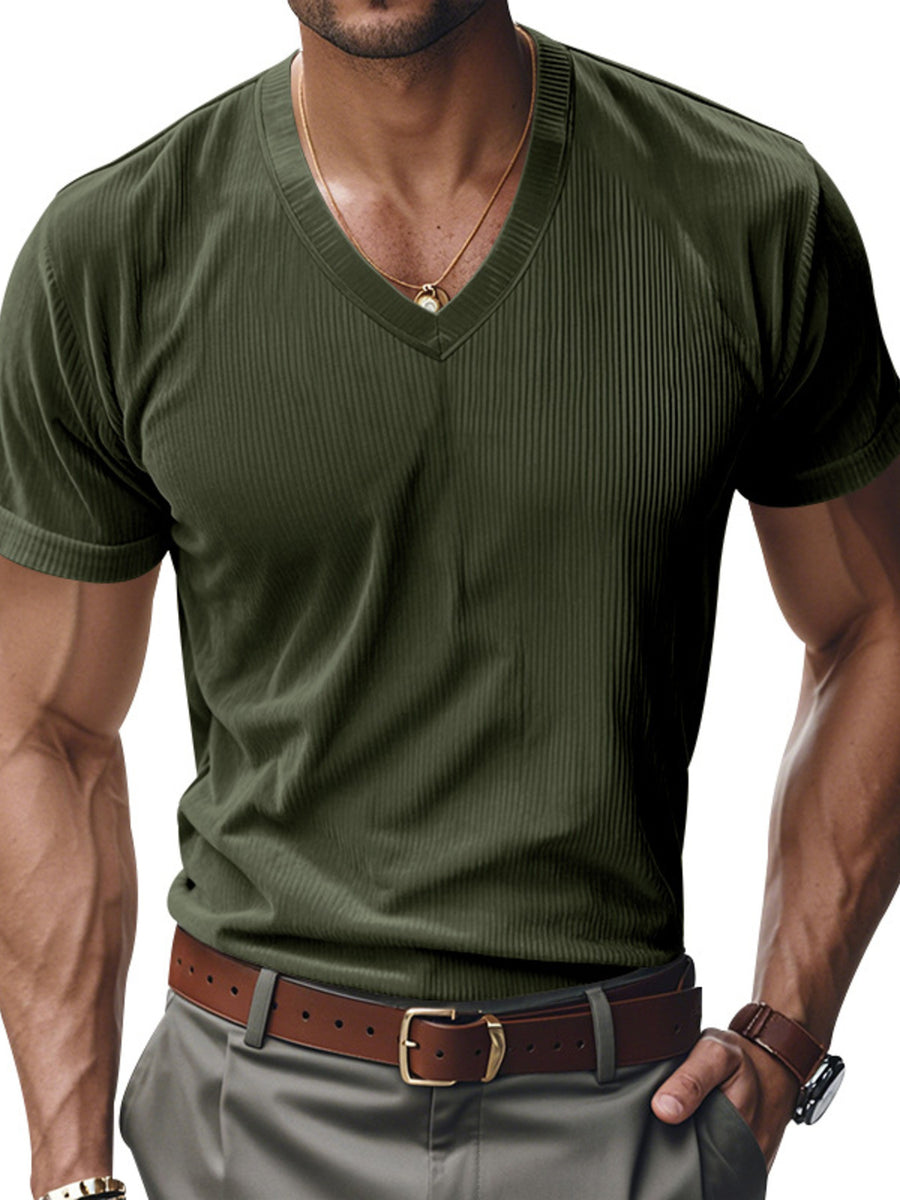Men's Army Green ribbed V-neck t-shirt with short sleeves.