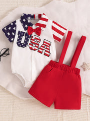 Patriotic baby bodysuit and overalls set with USA graphic, red bow tie, star sleeves, striped collar and sleeves.