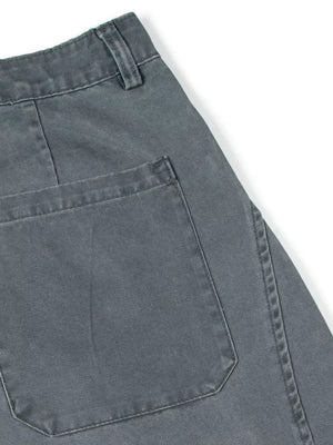 Grey cotton sweatpants with wide legs, button closure, belt loops, and adjustable waist.