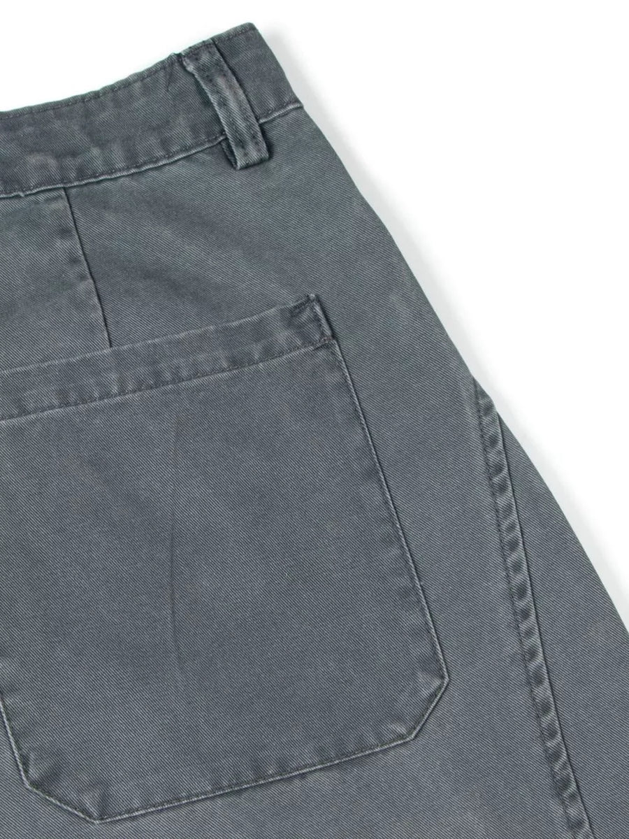 Grey cotton sweatpants with wide legs, button closure, belt loops, and adjustable waist.