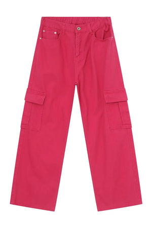 Electric pink baggy cargo pants with multiple pockets and a relaxed fit.